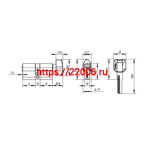 Цилиндровый Punto (Пунто) механизм MaxPro7002Knob95mm(45+10+40) SN никель 7key с вертушкой фото 4