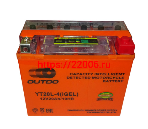Аккумулятор 12В 20 А/ч  YT20L-4 iGEL, OUTDO  (177х88х154) обратная пол. фото 2