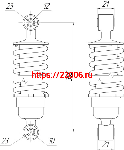 Амортизатор Alpha зад. хром (L-355, D1-23, d1-12,Н1-21,D2-23,d2-10,Н2-21)(короткий стакан) усил.пруж. фото 2